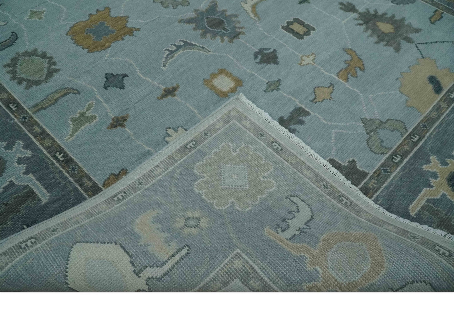 Bluish Gray and Aqua Hand knotted Oriental Oushak Custom Made wool Area Rug