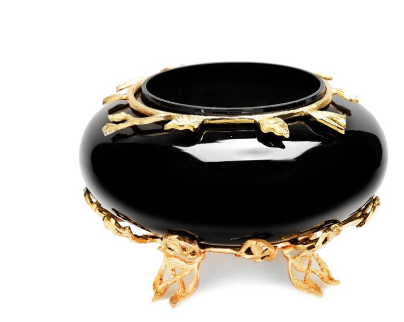 10" Black Glass Bowl with Gold Detail