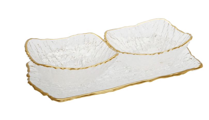 Glass 2 Bowl Relish Dish with Gold Trim