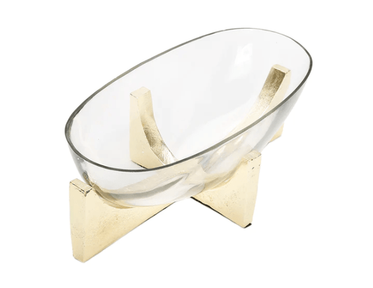 Glass Oval Bowl on Gold Block Base