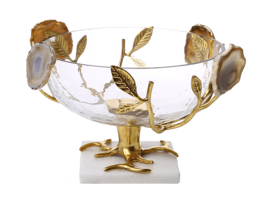 Glass Salad Bowl With Gold Leaf-Agate Stone Design