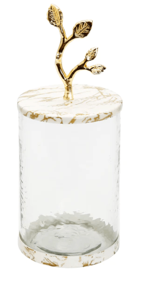 Medium Glass Canister with White/Gold Marble Lid and Leaf Handle