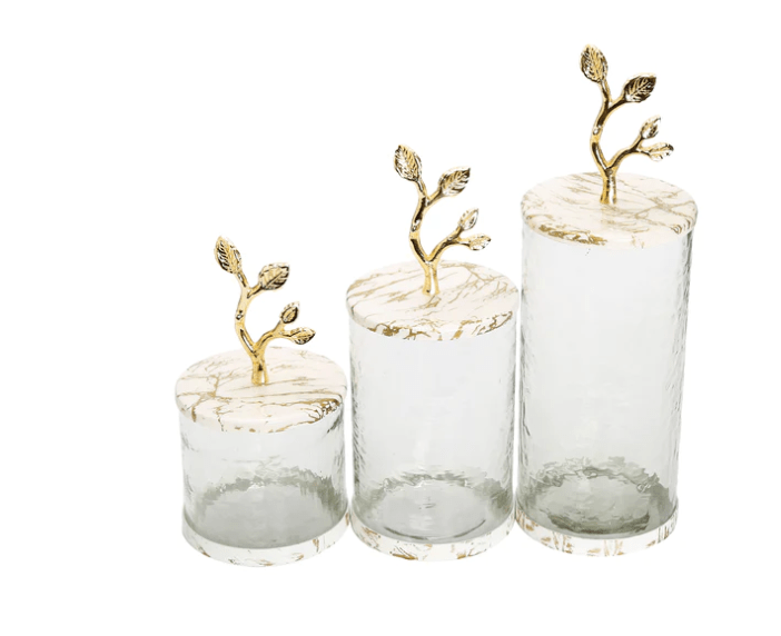 Medium Glass Canister with White/Gold Marble Lid and Leaf Handle