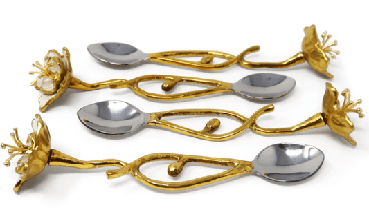 Set of 4 Gold Dessert Spoons with White Enamel Flowers