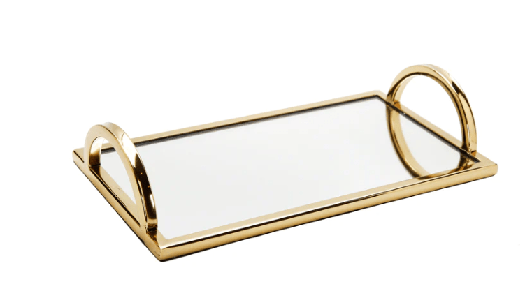 Rectangular Mirror Tray with Gold Handles -12"L