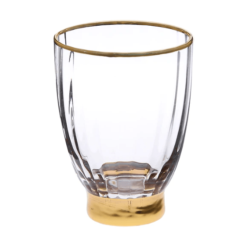 Set of 6 Line Textured Stemless Wine Glasses with Gold Base and Rim