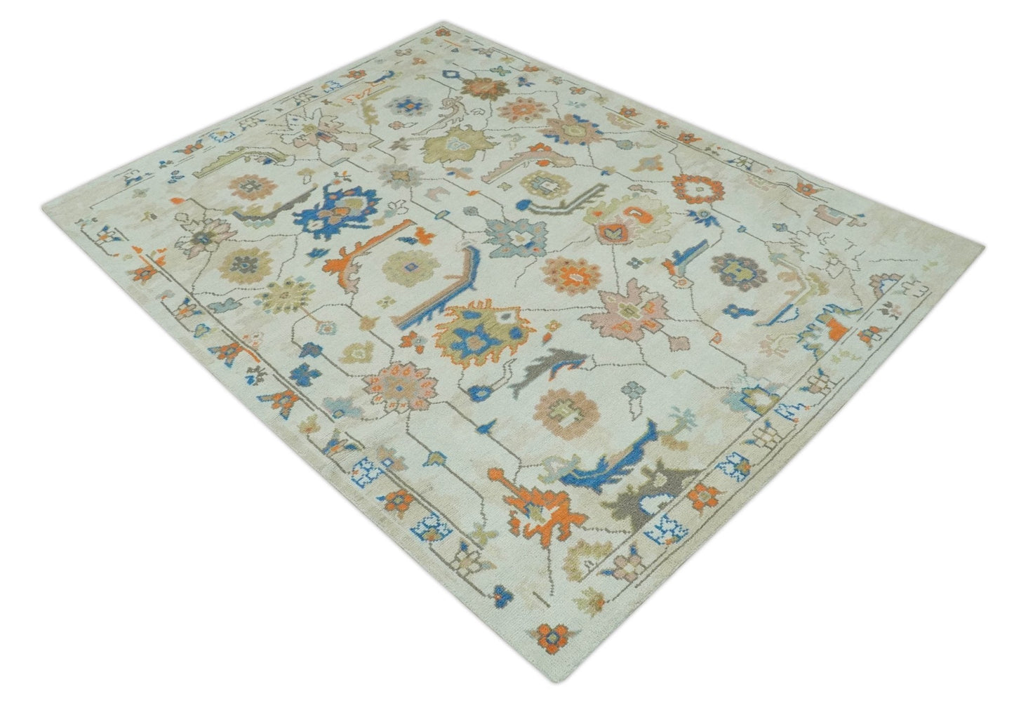 Colorful Ivory, Blue, Orange and Olive Hand Knotted Traditional Oriental Oushak Custom Made wool area Rug