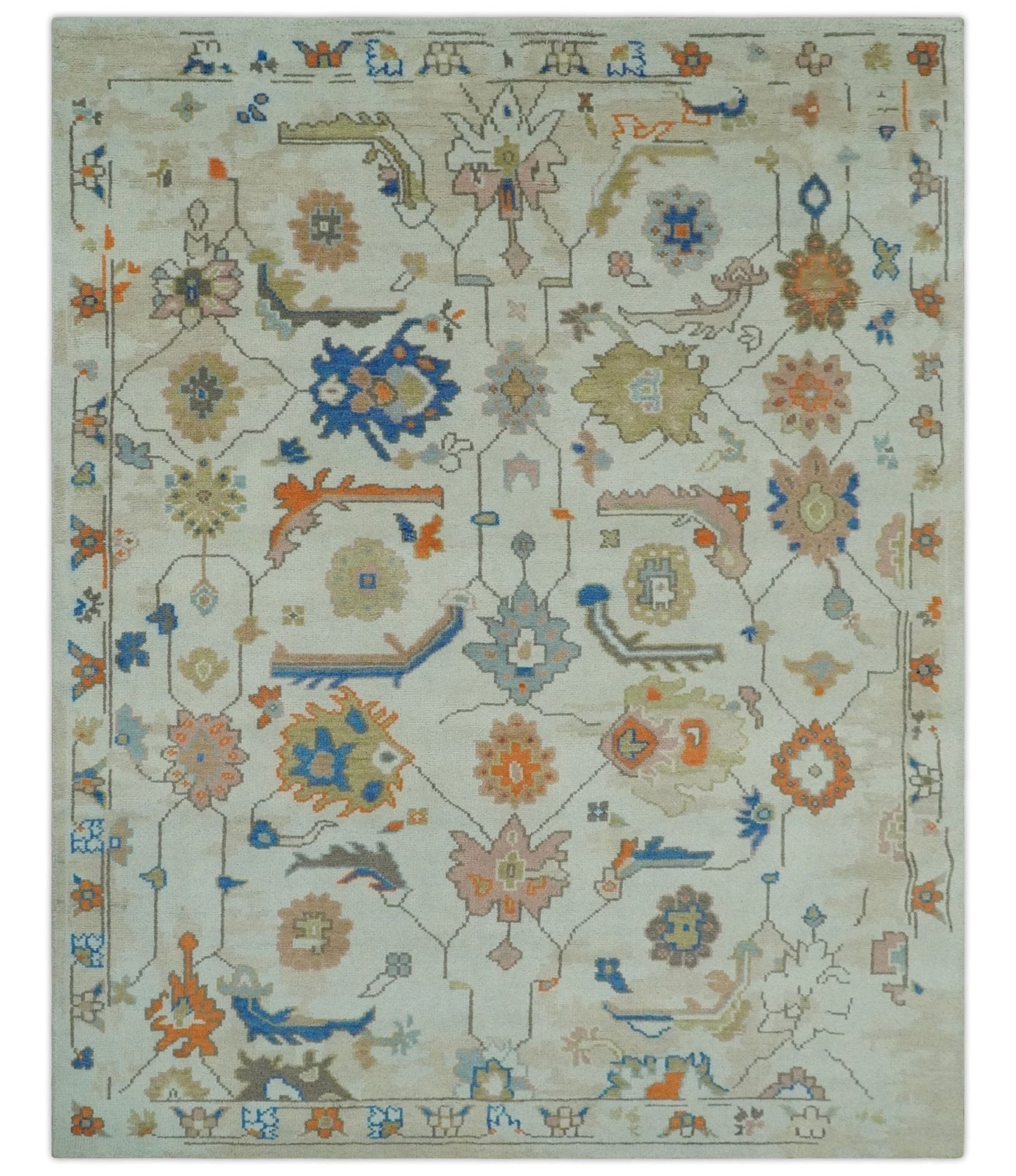 Colorful Ivory, Blue, Orange and Olive Hand Knotted Traditional Oriental Oushak Custom Made wool area Rug