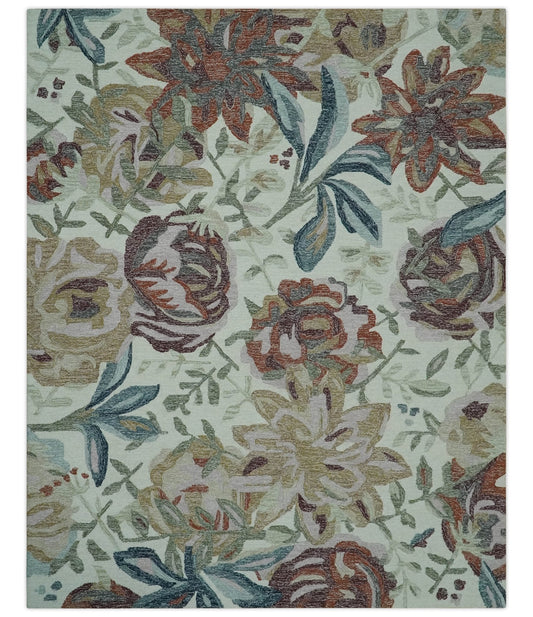 Colorful Ivory, Olive and Brown Floral Design Hand Tufted Custom Made wool Rug