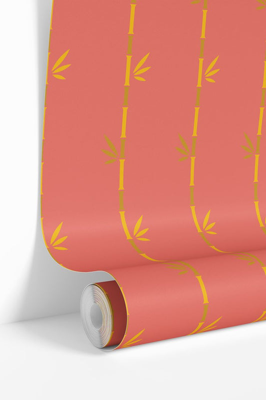 Coral and Gold Bamboo Wallpaper