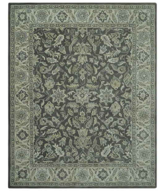 Custom Made Antique Design Charcoal and Beige Traditional Floral Hand Tufted rug