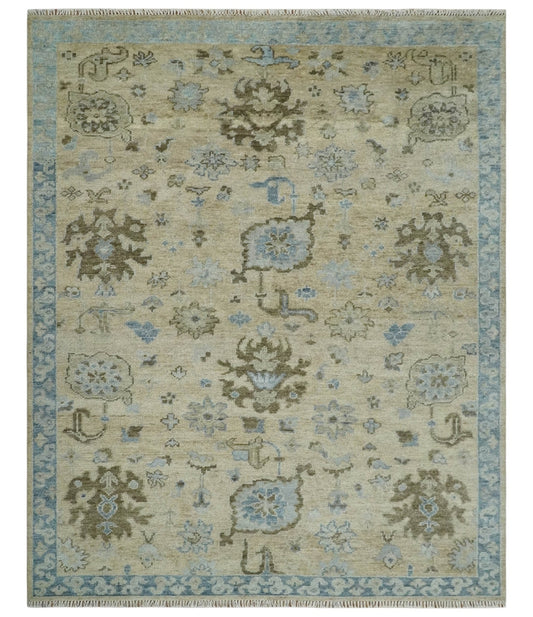 Custom Made Antique Style Beige and Blue Hand knotted Oushak wool Area Rug