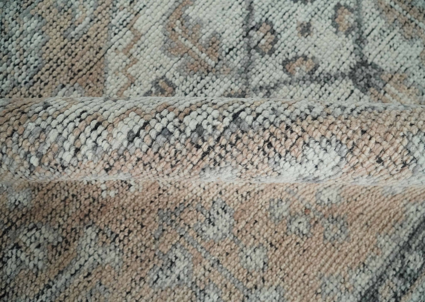 Custom Made Antique Style Peach, Ivory and Charcoal Hand knotted Traditional Wool Rug