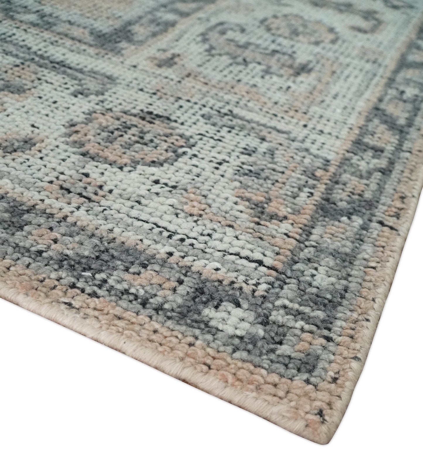 Custom Made Antique Style Peach, Ivory and Charcoal Hand knotted Traditional Wool Rug