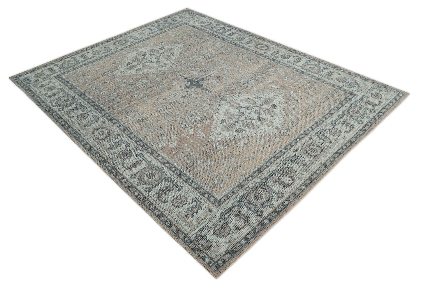 Custom Made Antique Style Peach, Ivory and Charcoal Hand knotted Traditional Wool Rug