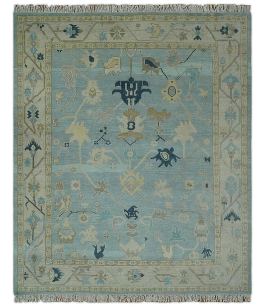 Custom Made Aqua, Ivory and Beige Hand knotted Oriental Oushak wool Area Rug