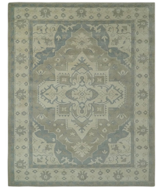 Custom Made Beige and Charcoal Traditional Heriz Medallion Hand Knotted wool Area Rug