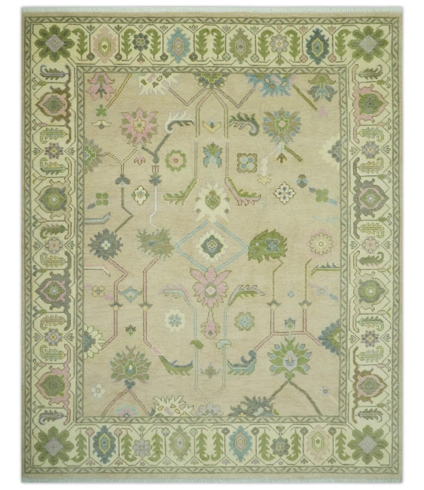 Custom Made Beige and Green Hand Knotted Traditional Oriental Oushak wool area rug