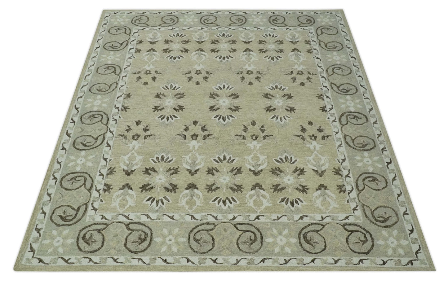 Custom Made Beige, Ivory and Charcoal Traditional Ikat design Hand Tufted wool Area Rug