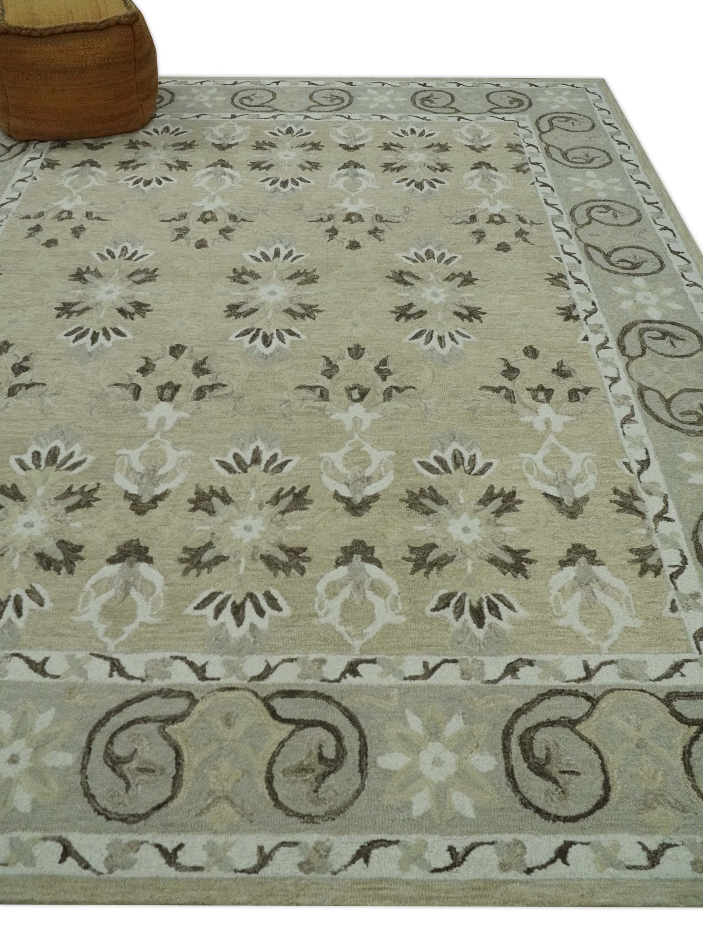 Custom Made Beige, Ivory and Charcoal Traditional Ikat design Hand Tufted wool Area Rug