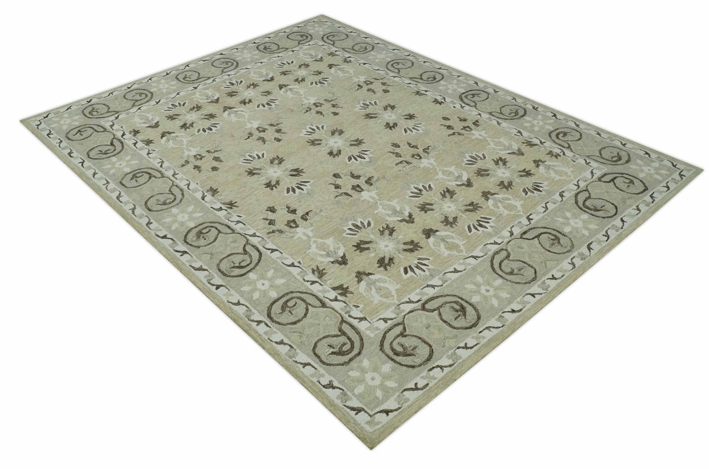 Custom Made Beige, Ivory and Charcoal Traditional Ikat design Hand Tufted wool Area Rug