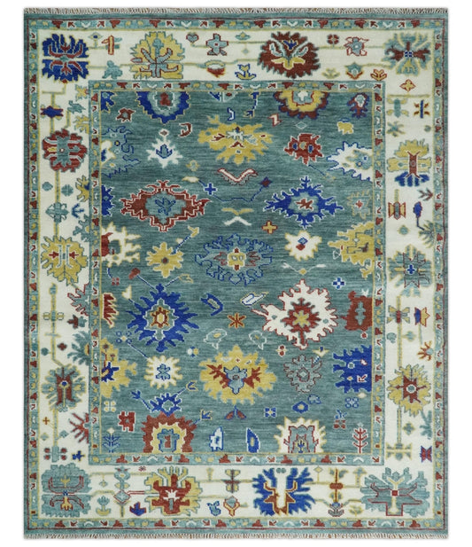 Custom Made Blue and Ivory Colorful Hand knotted Traditional Oushak wool Area Rug
