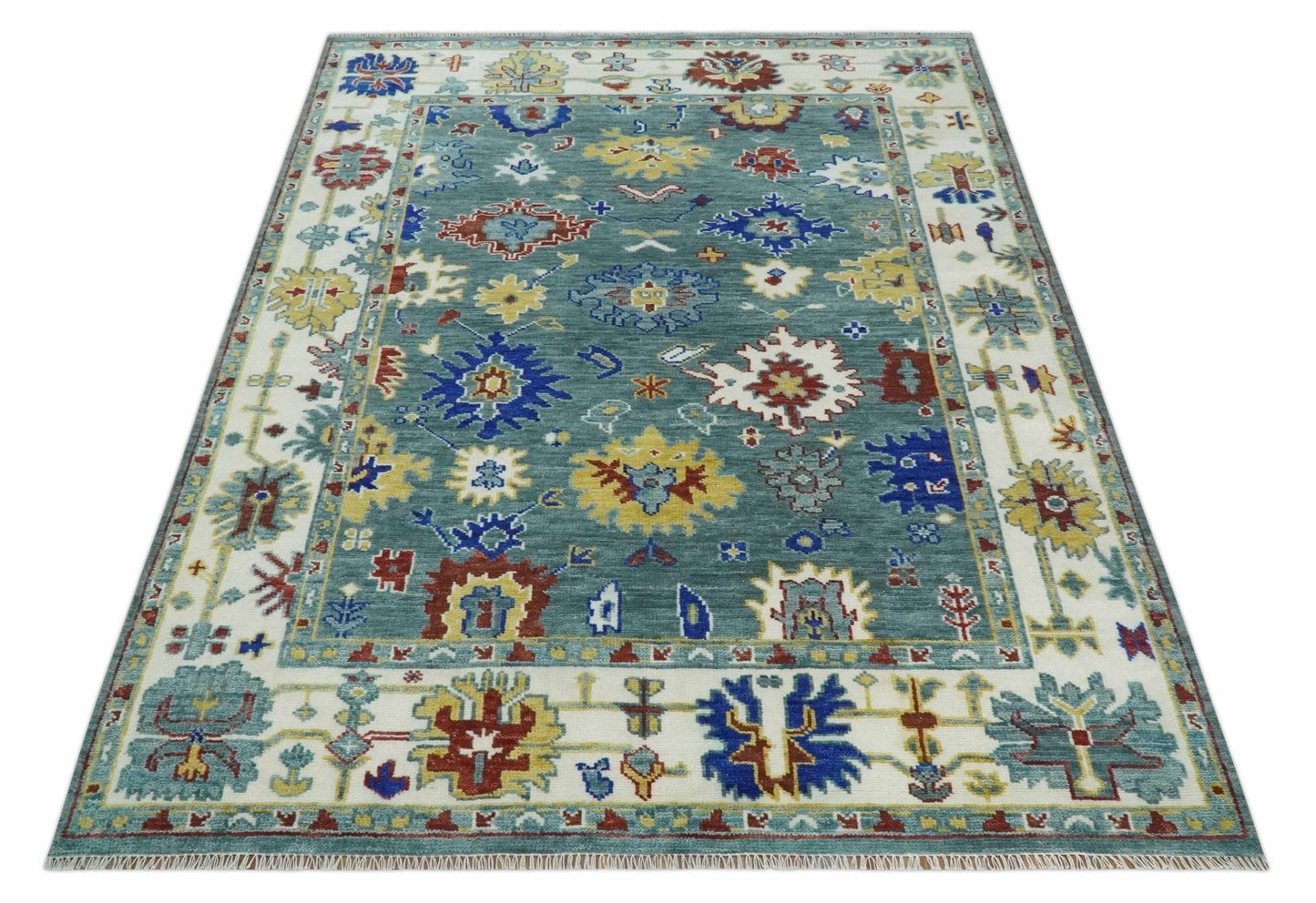 Custom Made Blue and Ivory Colorful Hand knotted Traditional Oushak wool Area Rug