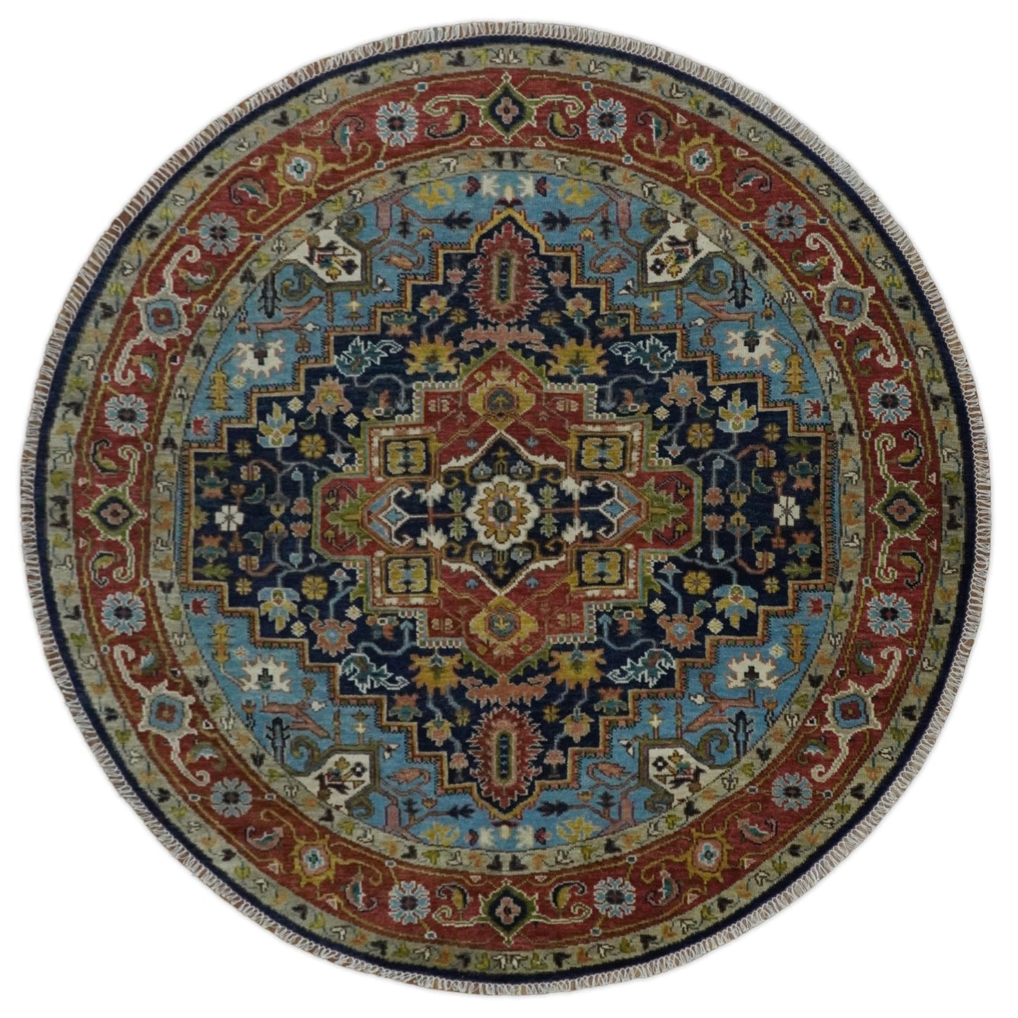 Custom Made Blue and Rust Hand Knotted Wool Antique Style Wool Area Rug