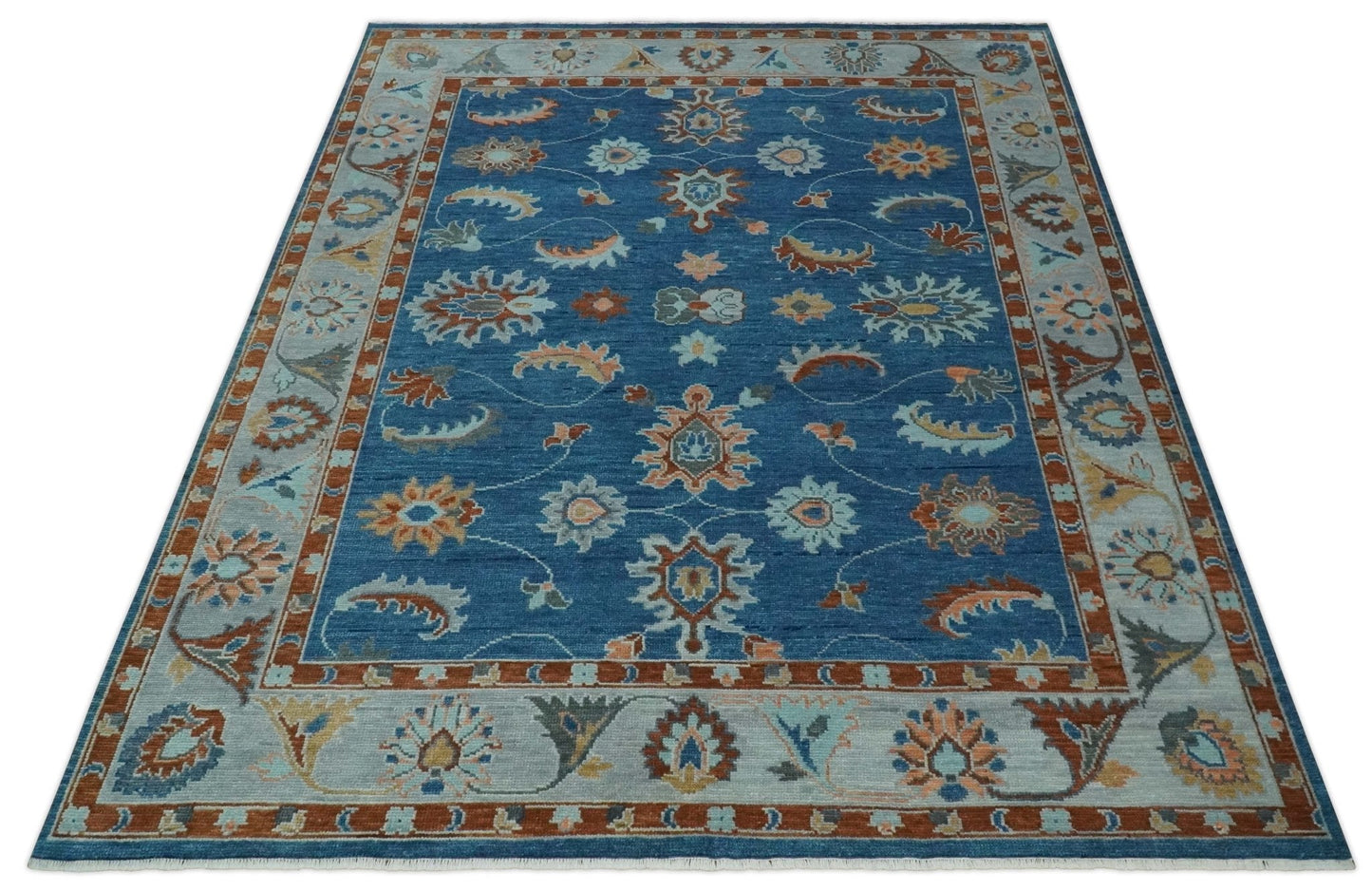 Custom Made Blue and Silver Hand knotted colorful Traditional Oushak wool Area Rug