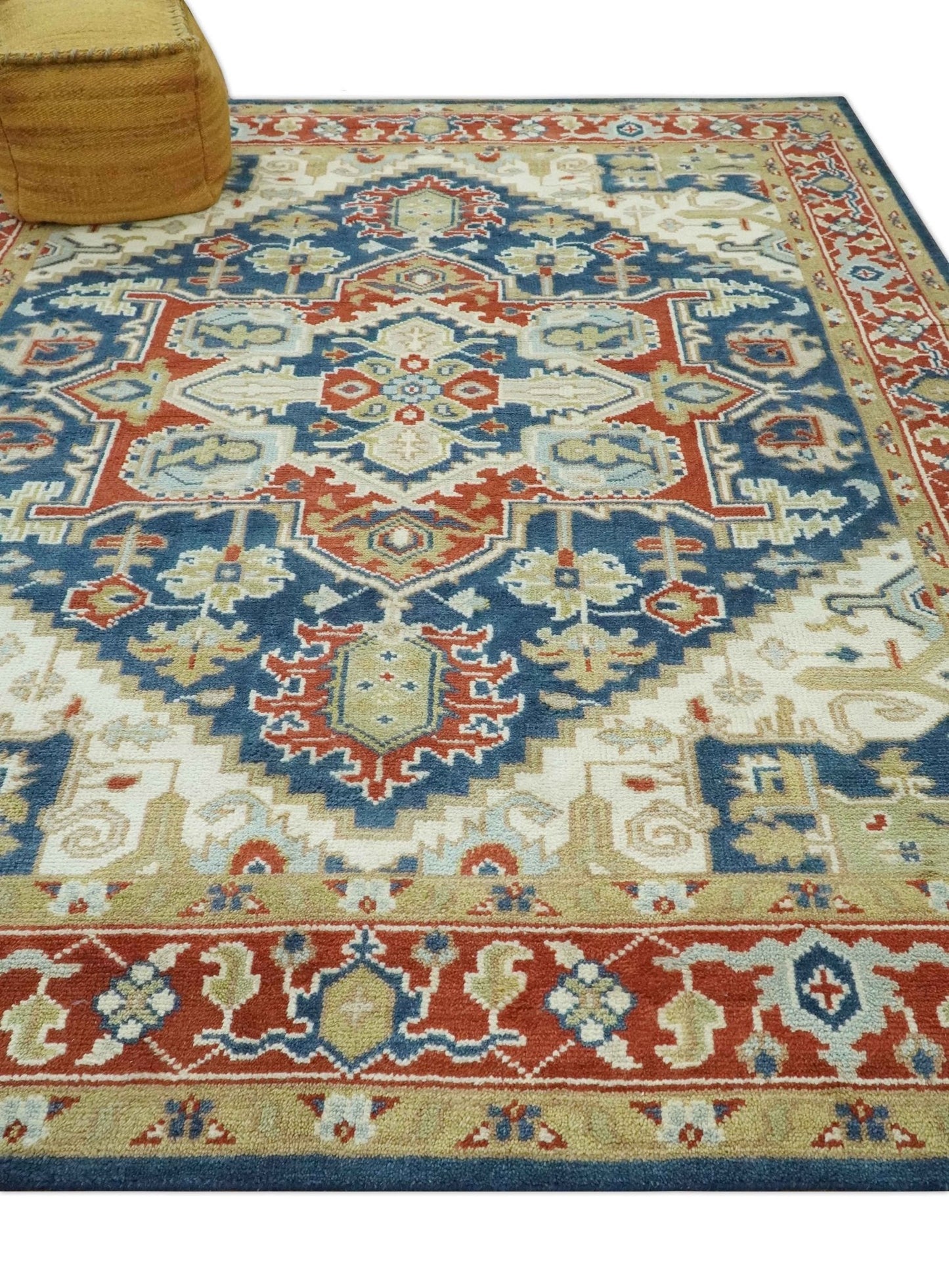 Custom Made Brown, Blue, Ivory and Olive Hand knotted Traditional Heriz Medallion Wool Area Rug