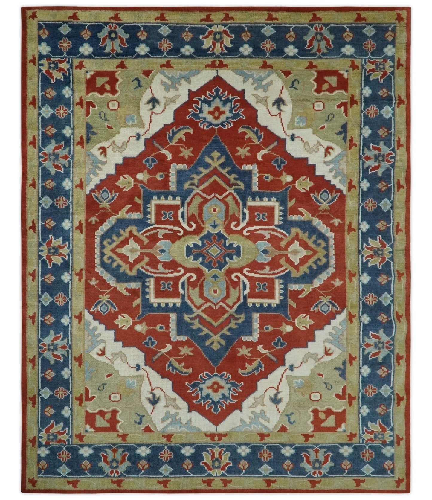 Custom Made Brown, Blue, Ivory and Olive Traditional Heriz Medallion Wool Area Rug