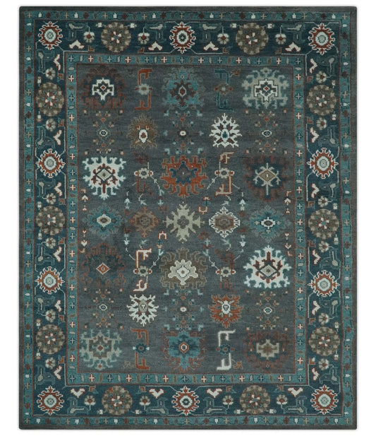 Custom Made Charcoal and Teal Hand knotted Traditional Oushak wool area rug