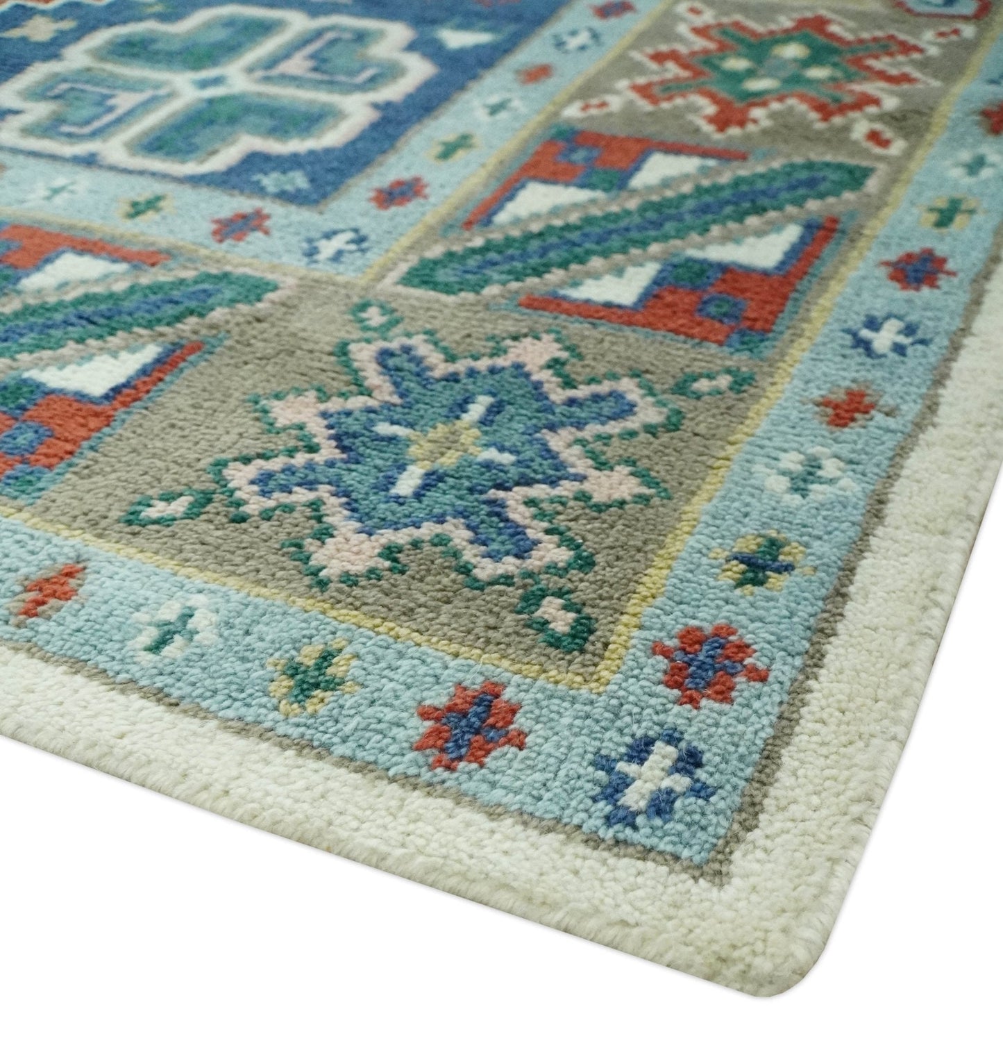 Custom Made Colorful Ivory, Blue, Brown and Teal Hand Knotted Traditional Heriz size wool Area Rug