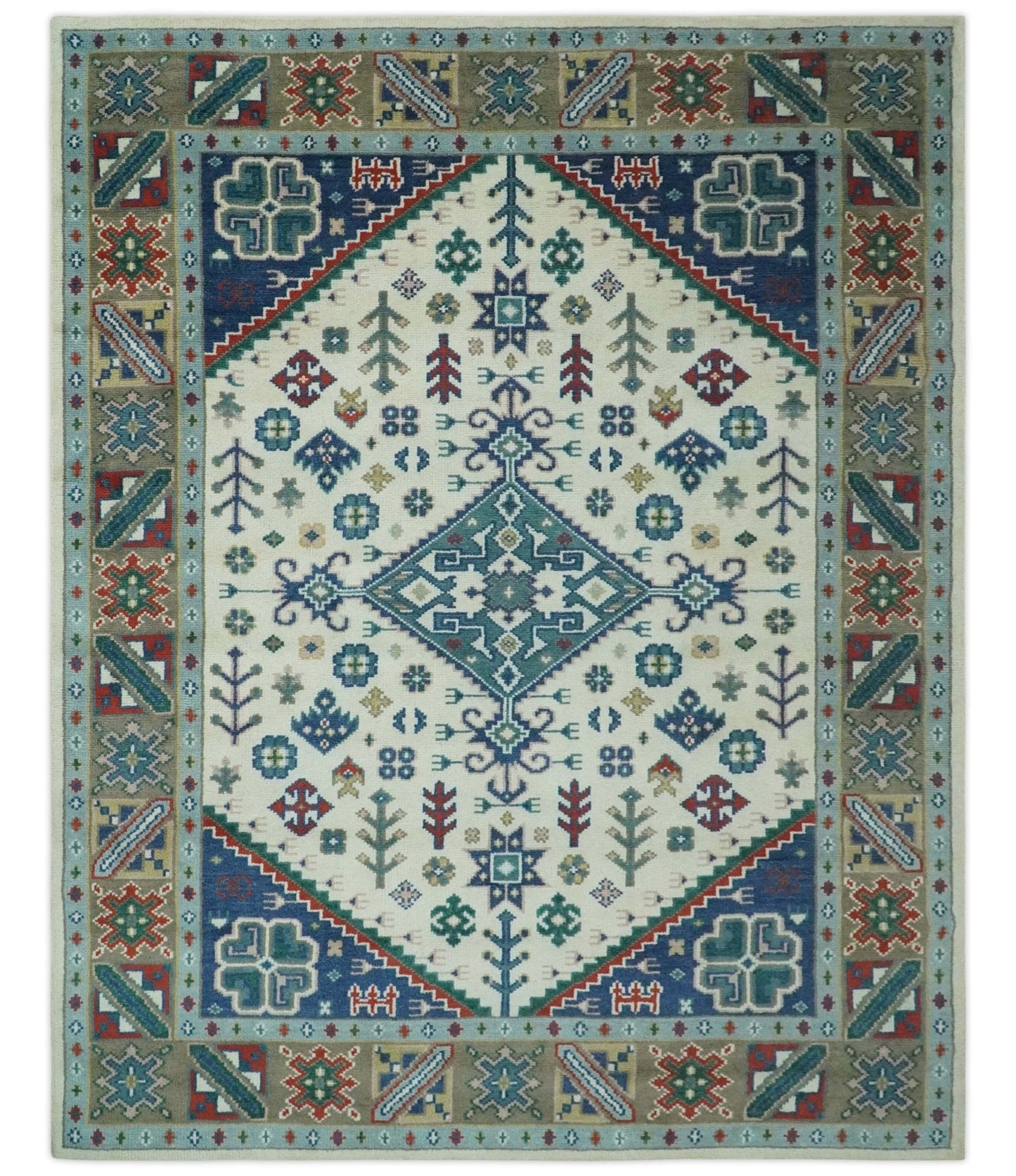 Custom Made Colorful Ivory, Blue, Brown and Teal Hand Knotted Traditional Heriz size wool Area Rug