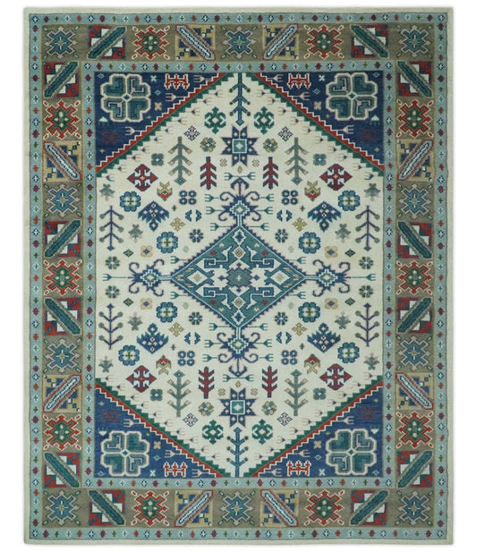 Custom Made Colorful Ivory, Blue, Brown and Teal Hand Knotted Traditional Heriz size wool Area Rug