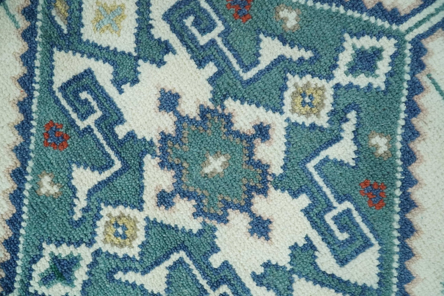 Custom Made Colorful Ivory, Blue, Brown and Teal Hand Knotted Traditional Heriz size wool Area Rug