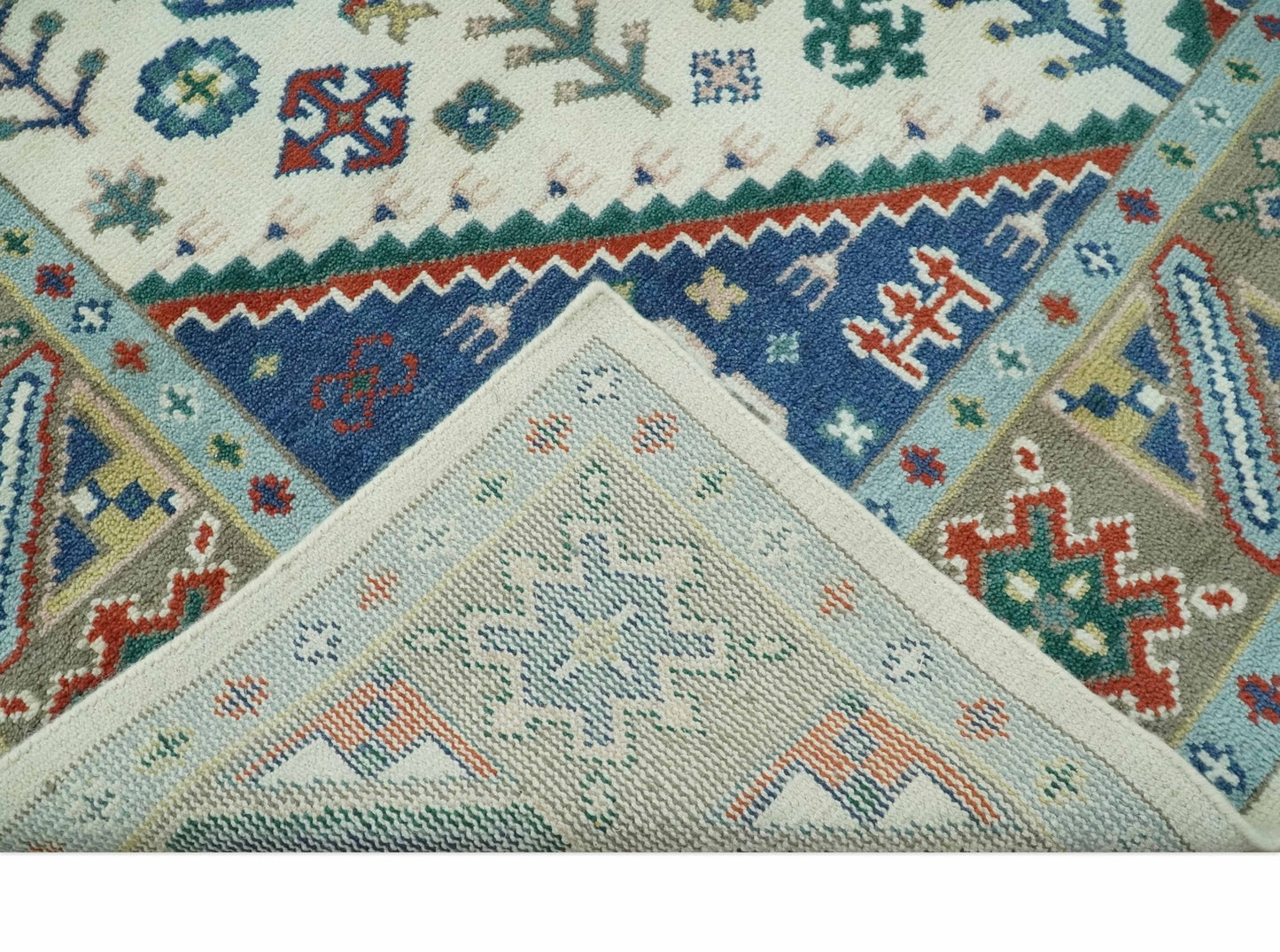 Custom Made Colorful Ivory, Blue, Brown and Teal Hand Knotted Traditional Heriz size wool Area Rug