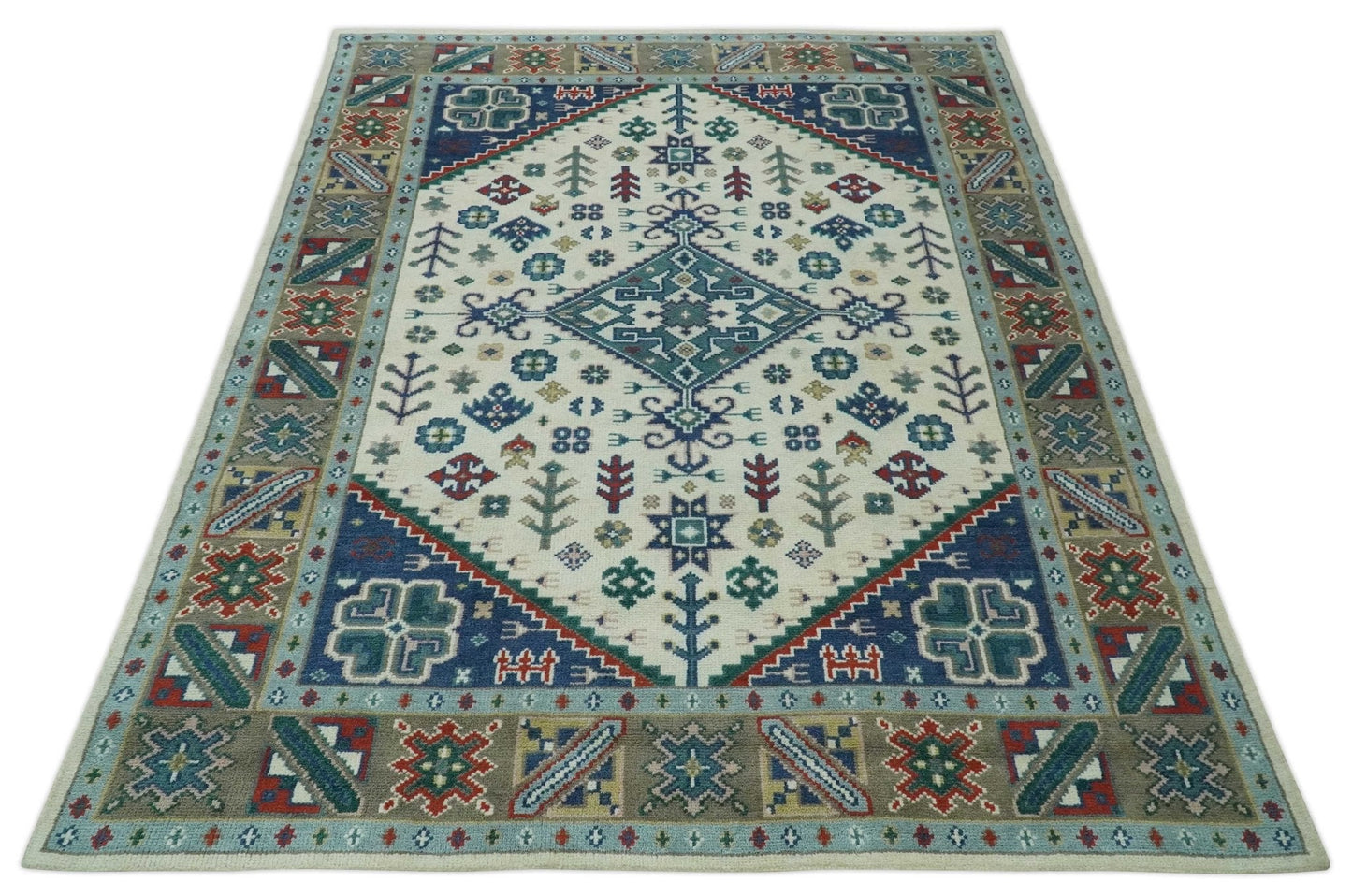 Custom Made Colorful Ivory, Blue, Brown and Teal Hand Knotted Traditional Heriz size wool Area Rug
