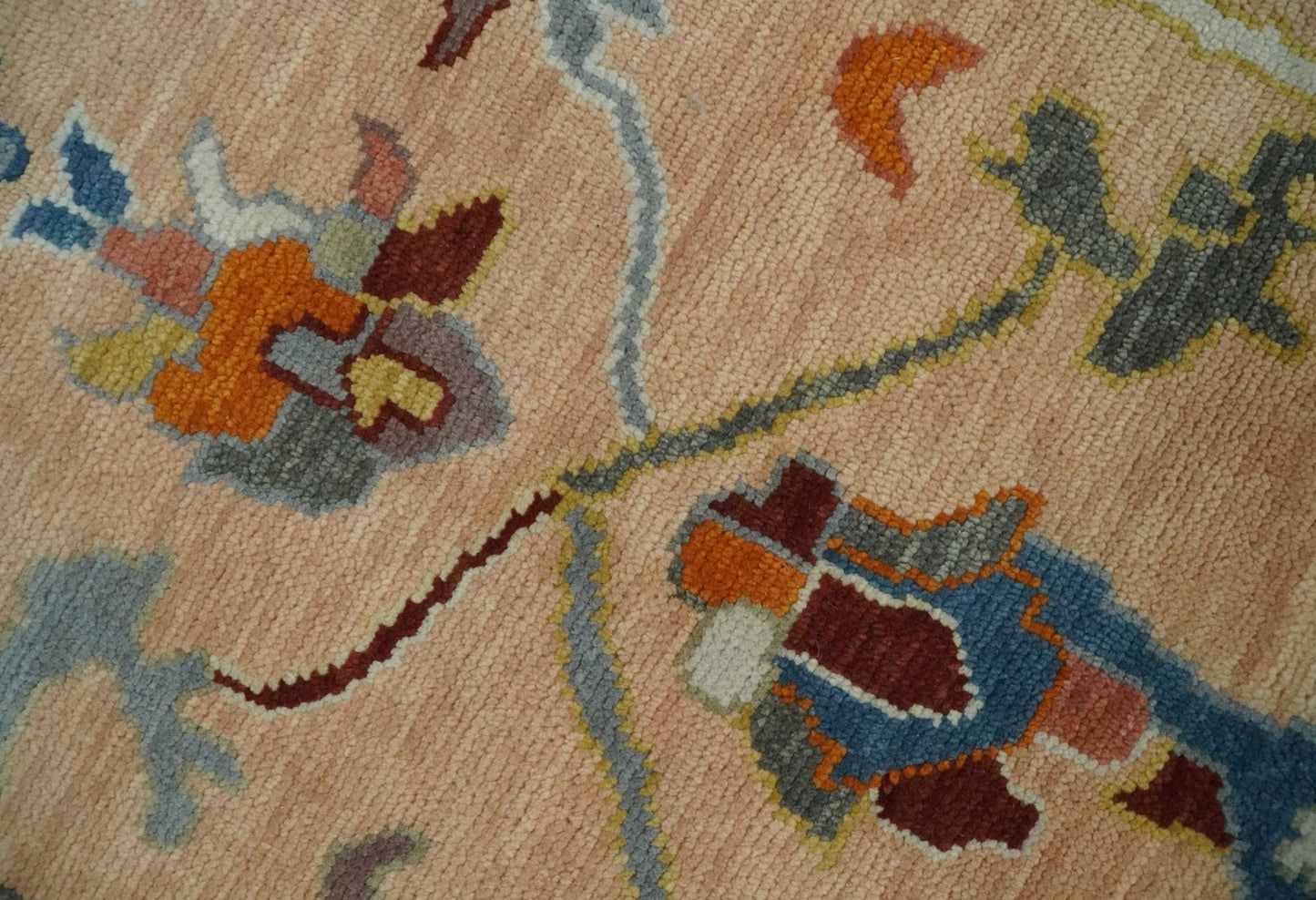 Custom Made Colorful Peach and Green Hand knotted Oushak wool Area Rug