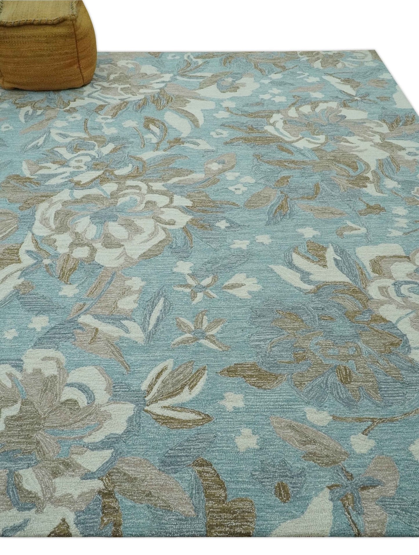 Custom Made Elegant Blue, Ivory and Olive Floral Design Hand Tufted wool Rug