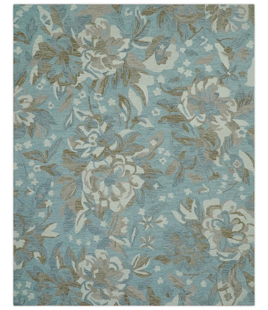 Custom Made Elegant Blue, Ivory and Olive Floral Design Hand Tufted wool Rug