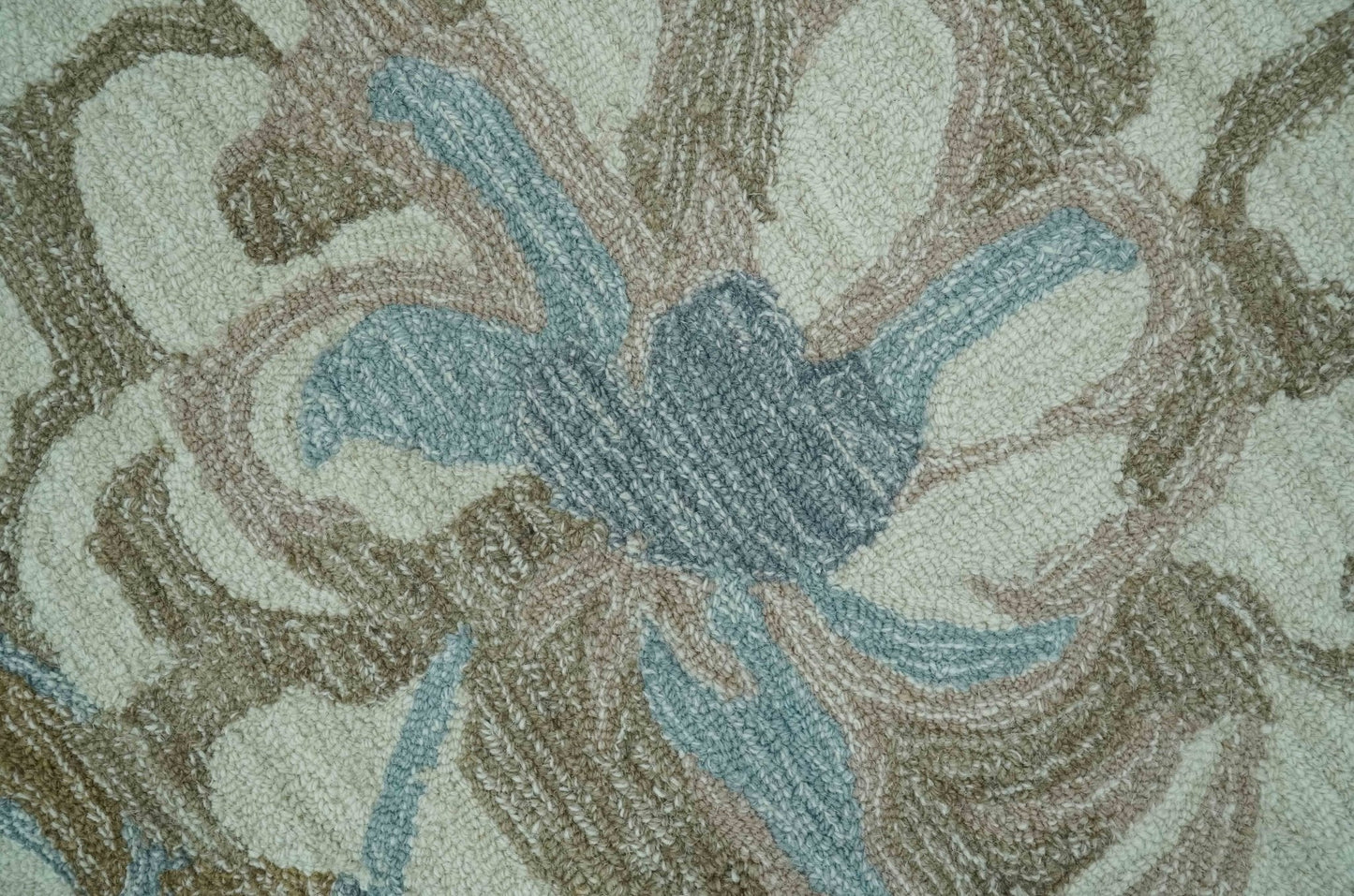 Custom Made Elegant Blue, Ivory and Olive Floral Design Hand Tufted wool Rug