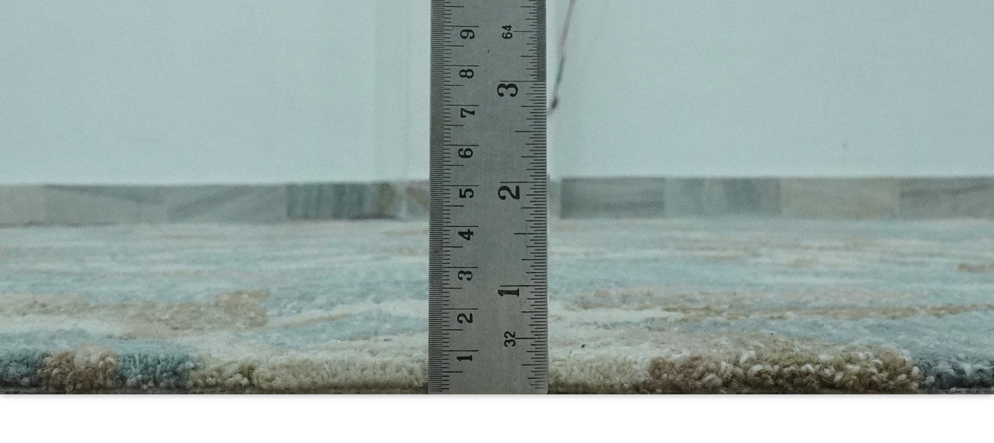 Custom Made Elegant Blue, Ivory and Olive Floral Design Hand Tufted wool Rug