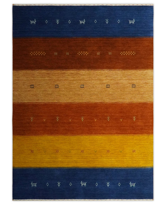 Custom Made Gabbeh Blue, Brown and Gold Stripes Design Wool Rug