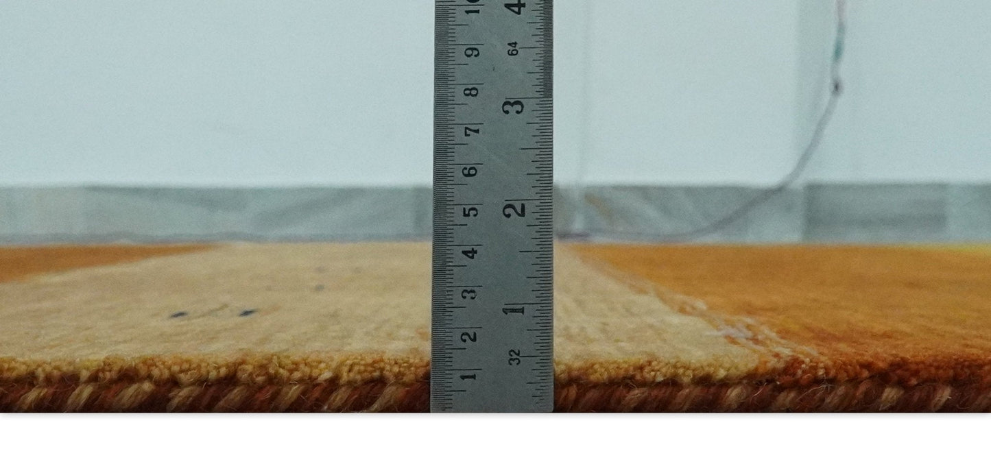 Custom Made Gabbeh Blue, Brown and Gold Stripes Design Wool Rug