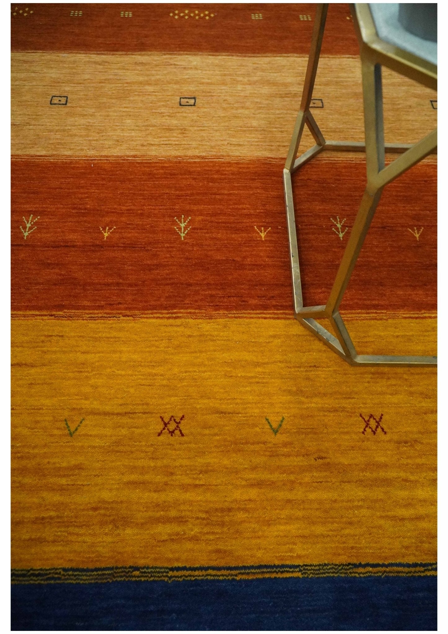 Custom Made Gabbeh Blue, Brown and Gold Stripes Design Wool Rug