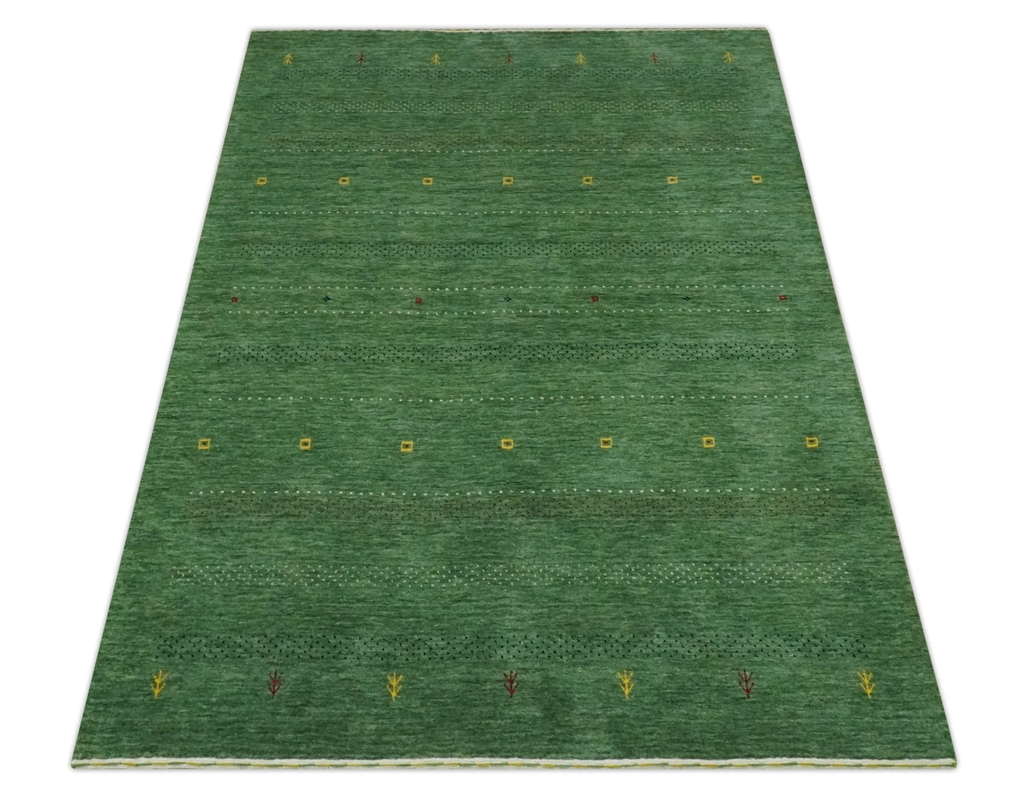 Custom Made Geometrical Stripes Design Green, Ivory and Charcoal wool Area Rug
