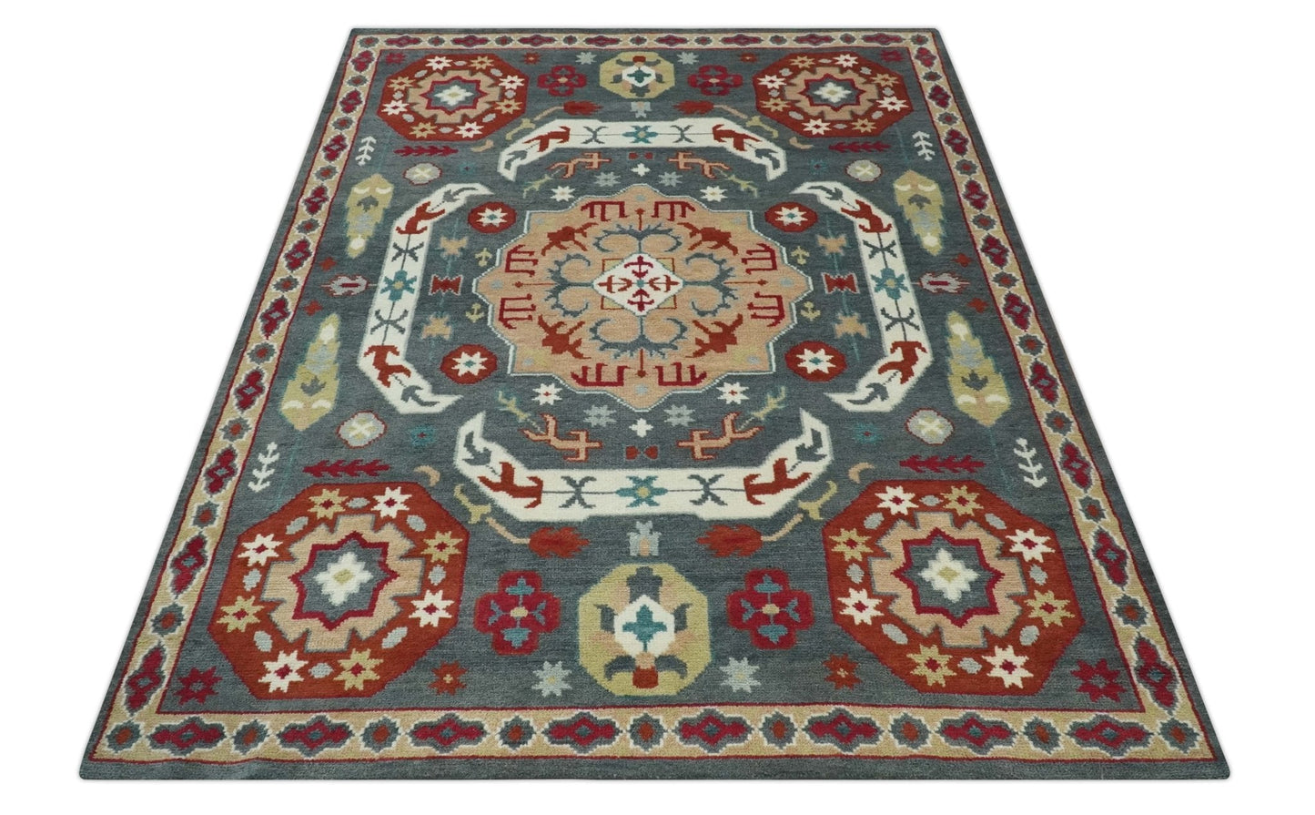 Custom Made Gray, Rust and Peach Traditional Medallion Mamluk Design wool Rug