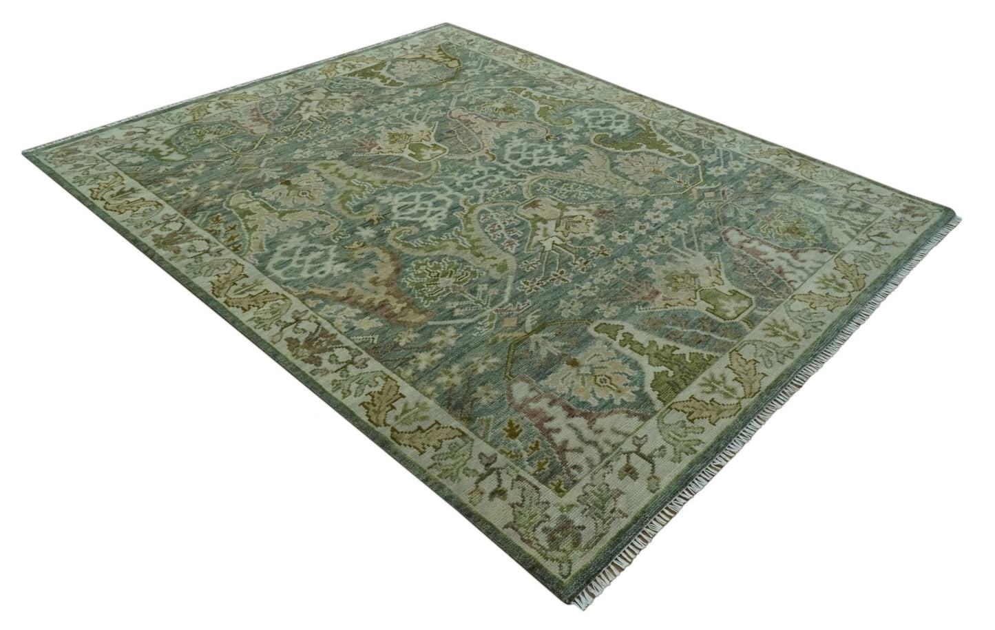 Custom Made Gray, Silver and Green Hand Knotted Traditional Large Design wool area rug
