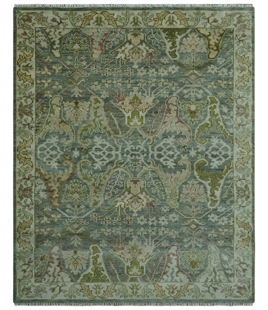 Custom Made Gray, Silver and Green Hand Knotted Traditional Large Design wool area rug